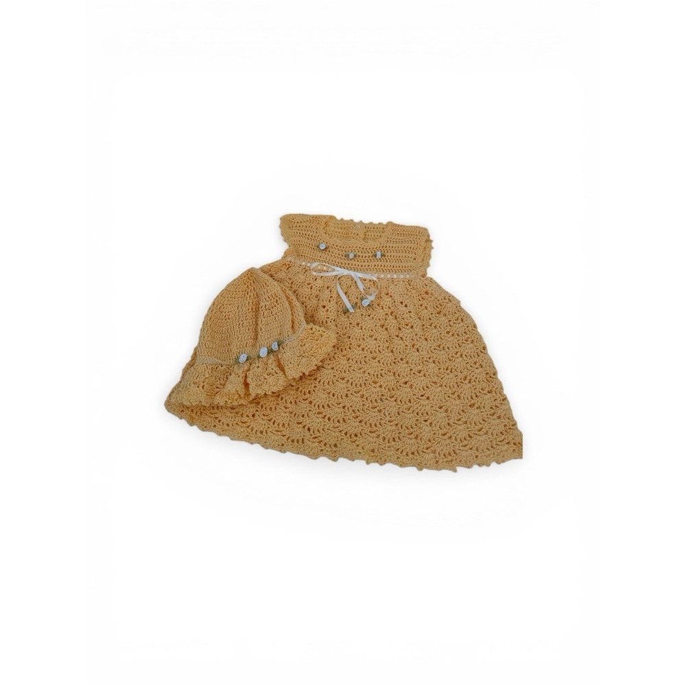 Handmade knit  Baby Dress Yellow Short Sleeve Ribbon Buttons and hat 3-6 months
